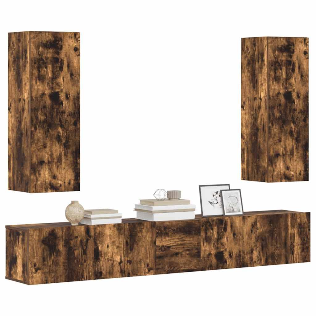 5-TLG. TV-Schrank-Set Räuchereiche Holzwerkstoff, Hängend, Modernes Media-Center, Wohnzimmer, Stabil, Feuchtigkeitsbeständig