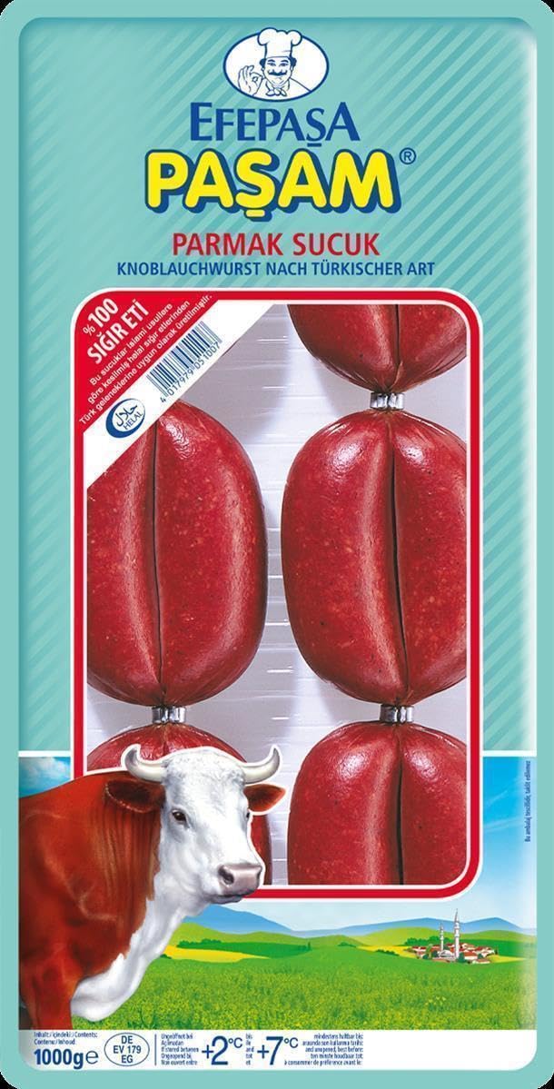Efepasa Pasam Parmak Sucuk - 4x 1kg - Halal Knoblauchwurst aus 100% Rindfleisch, traditionell luftgetrocknete türkische Spezialität für Sucuk-Baguette, Menemen, Pizza und Rührei