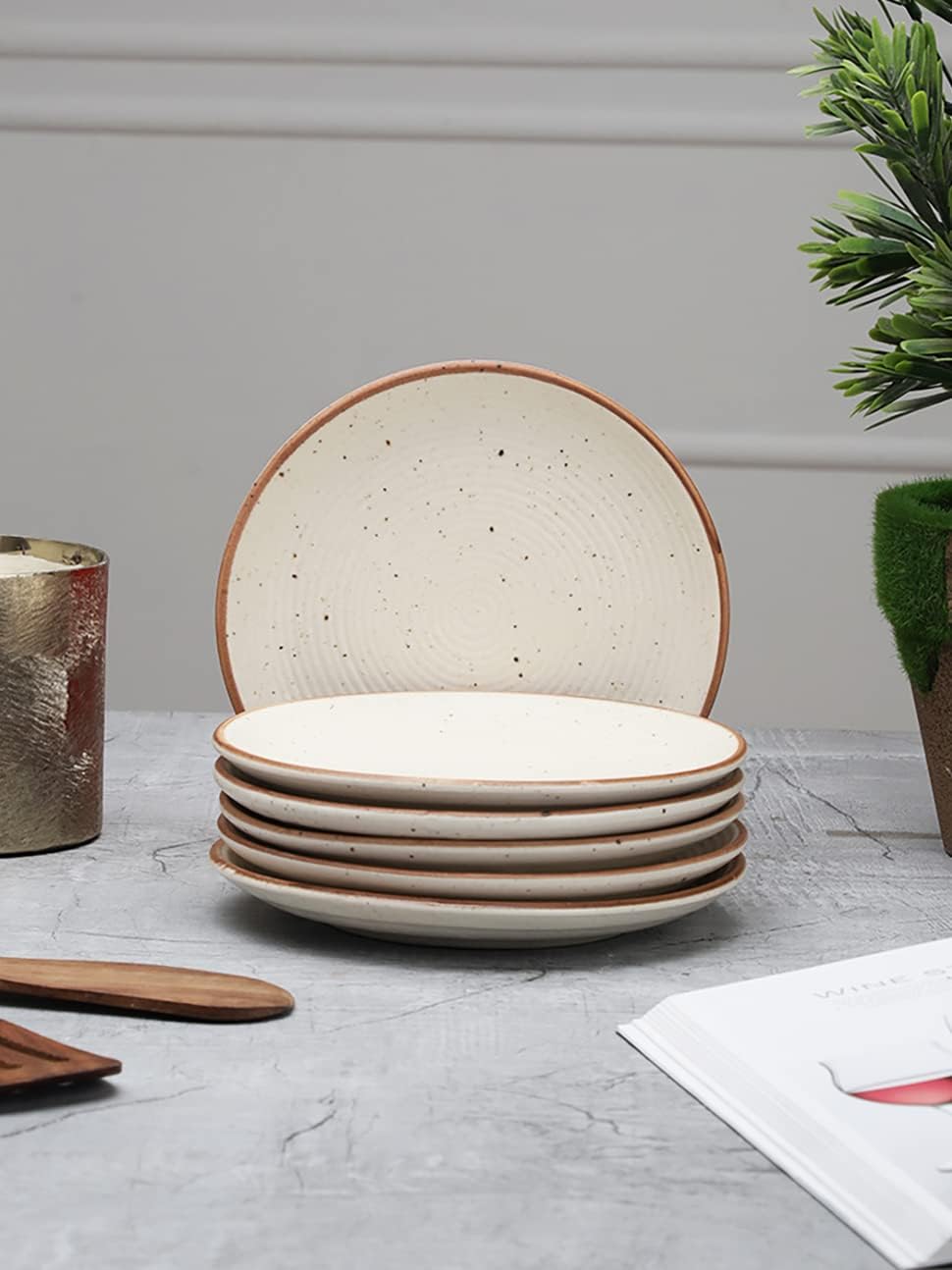 miah decor Quarter Plates Set of 4, Ceramic Stoneware Plates | Cream Snack & Side Plates with Brown Rim | Ribbed Design | Microwave & Dishwasher Safe (MD-705)