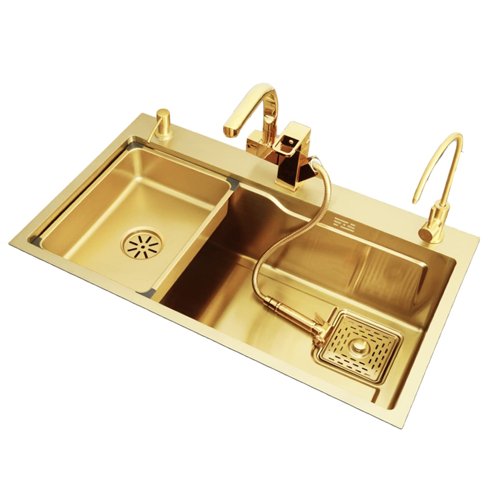 SDdPulse Nano Thick 304 Stainless Steel Kitchen Sink with Spray Gun Faucet, Gold, 68 x 45 cm