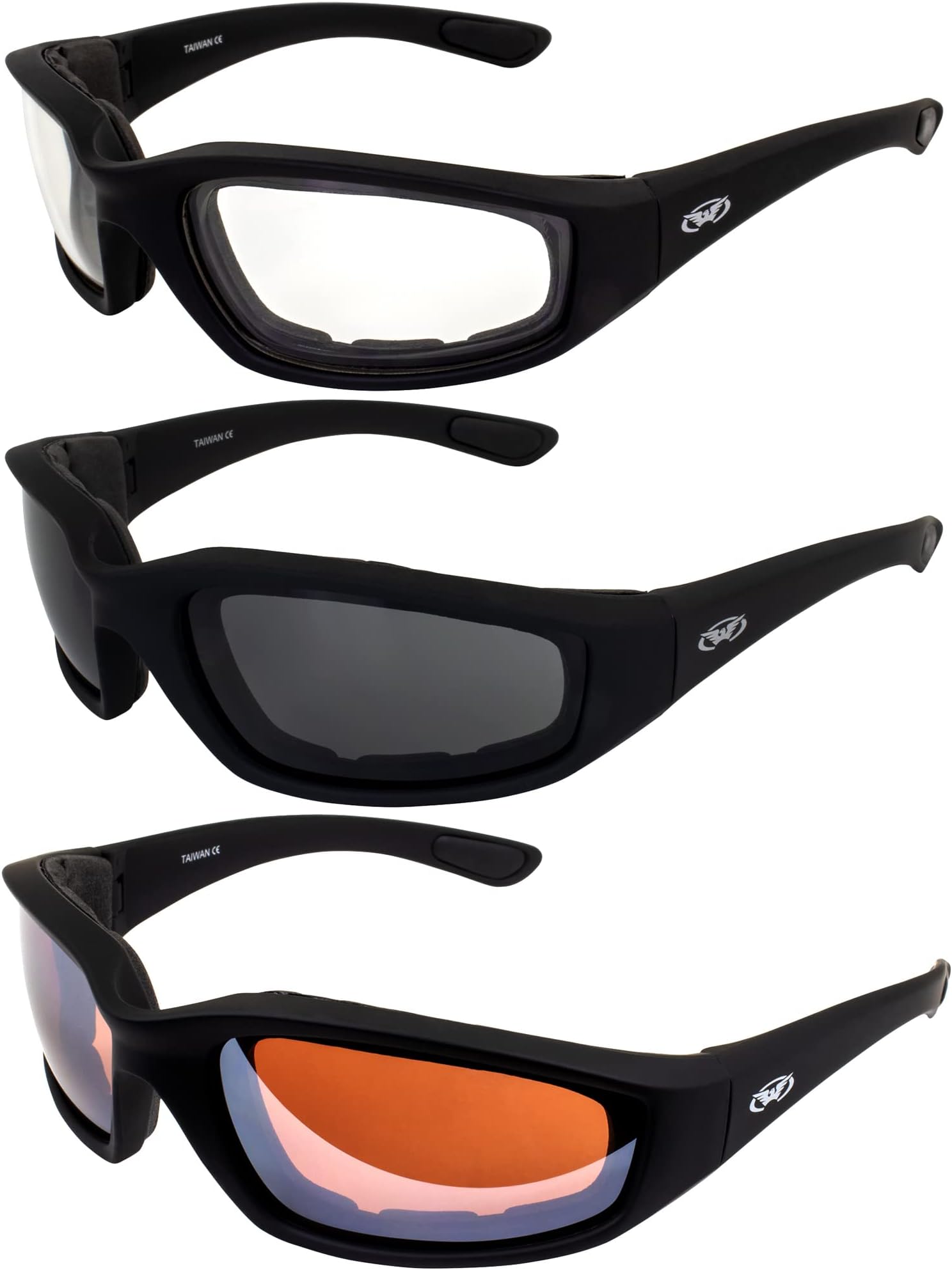 3 Pair Padded Motorcycle Glasses Sunglasses Clear Driving Mirror Gray