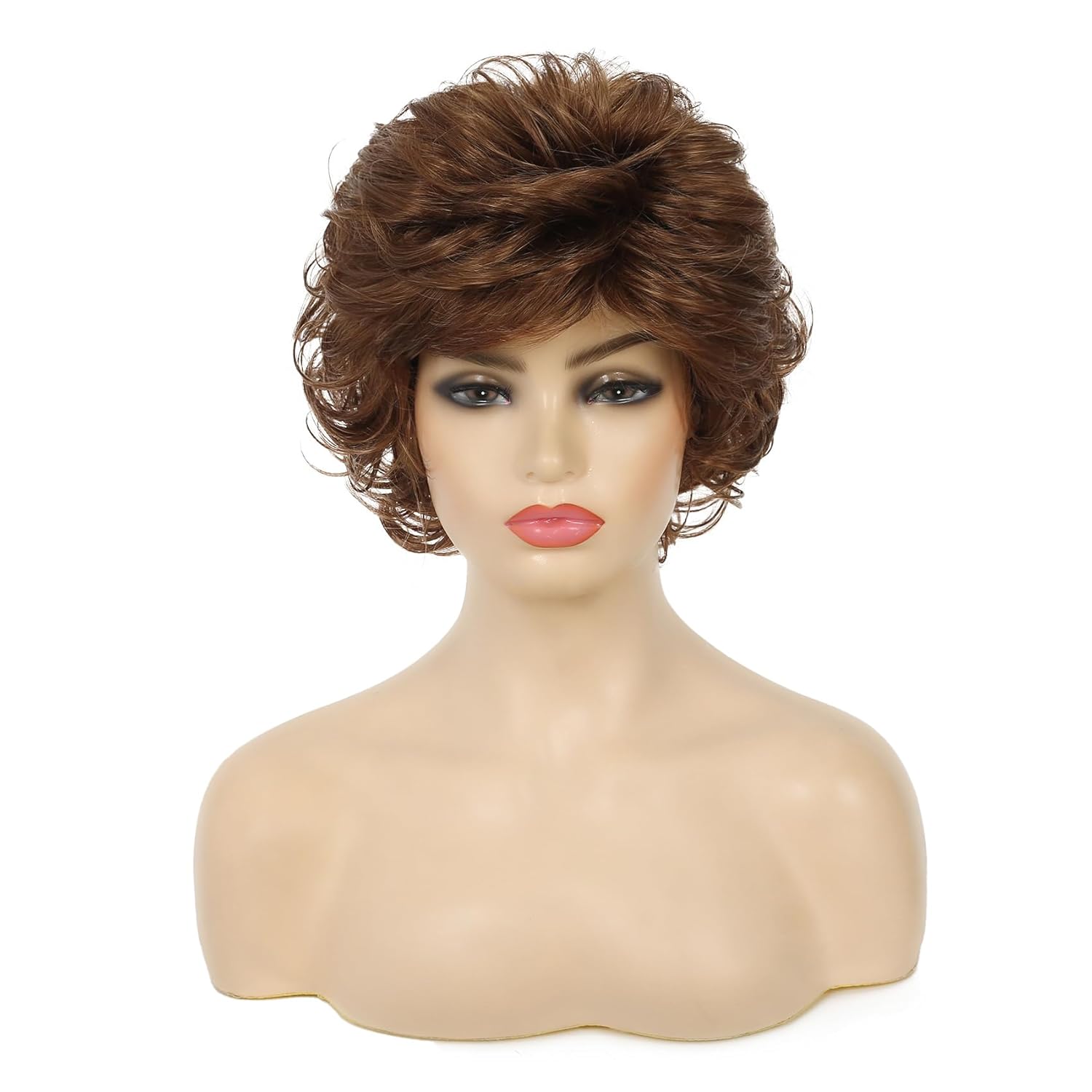 Short Wavy Brown Wigs for Women Fluffy Wavy Layered Wigs Synthetic Heat Resistant Halloween Cosplay Hair Wig with Wig Cap,Auburn Brown