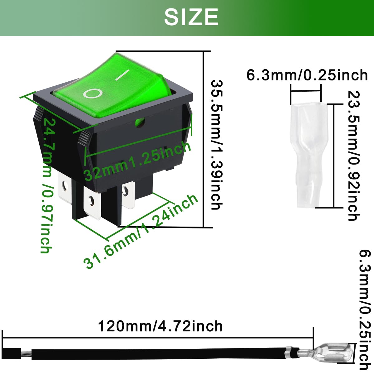 KCD4 Wippschalter 30A/250V AC – 2 Positionen, Grün Beleuchtet, 4-Pin DPST, Inkl. Kabel & Schrumpfschlauch (3er Set)