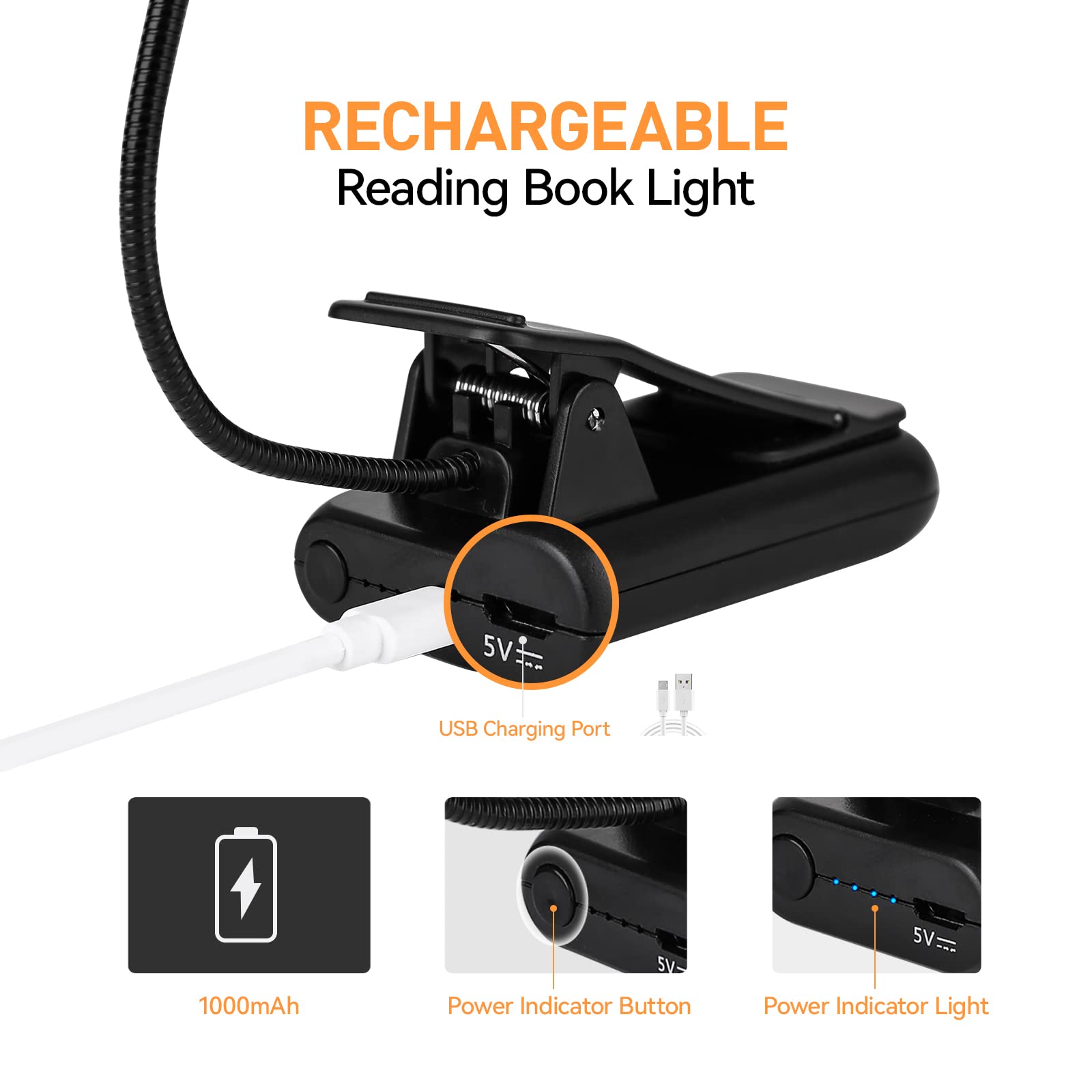 VAVOFO Luz de lectura recargable ámbar, luz de libro con bloqueo de luz azul, 7 LED para el cuidado de los ojos, 9 colores, 9 brillo, clip para niños, gusanos de biblioteca, lectura en la cama con