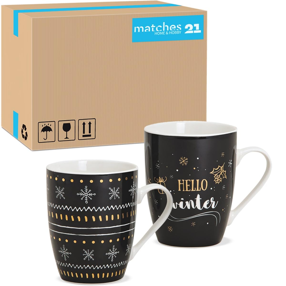 Tassen 48er Set Xmas modern in schwarz und goldfarben- Porzellan Kaffeebecher als Weihnachtstassen in 10 cm - Edle Kaffeetassen für Weihnachten spülmaschinenfest und mikrowellengeeignet