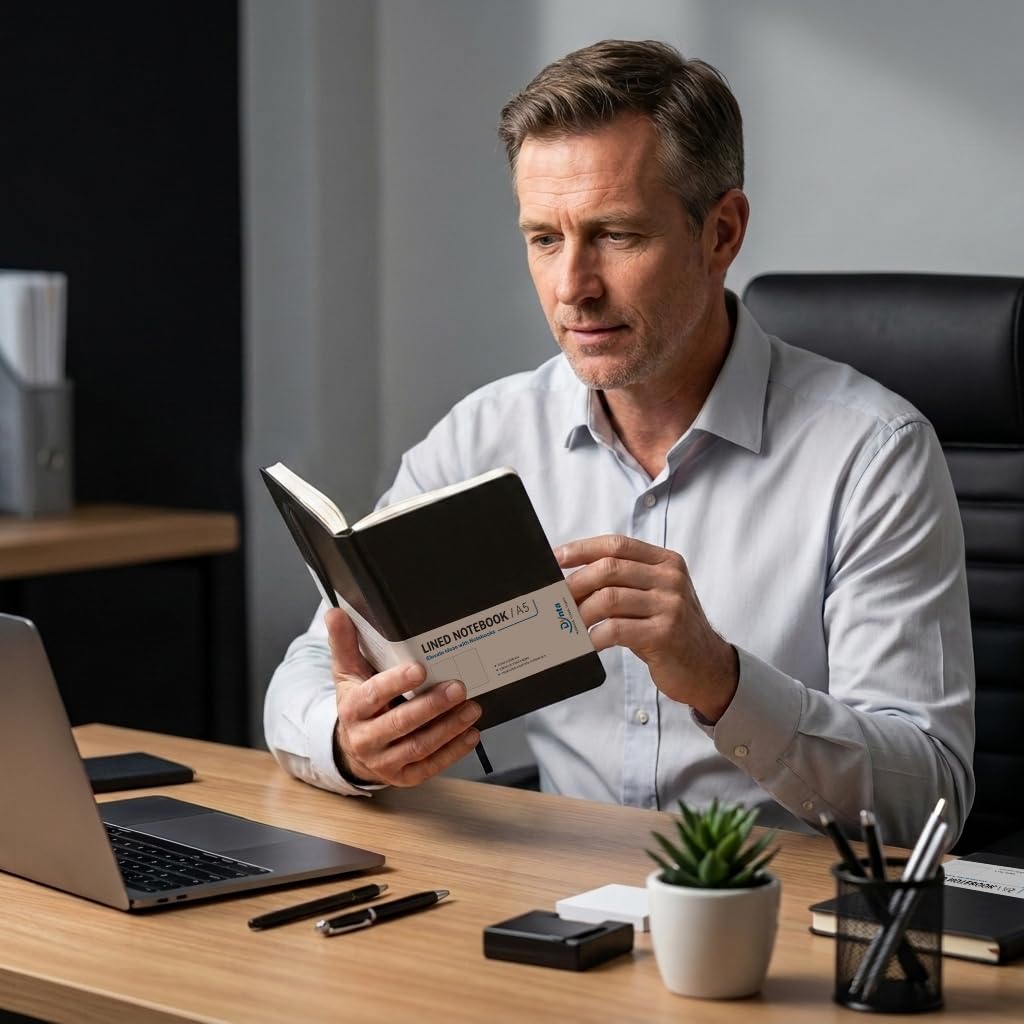 Dynta A5 liniertes Tagebuch, 6 Stück, schwarzes PU-Leder, Hardcover-Notizbuch, 100 g/m² dickes Papier, 200 Seiten (100 Blatt), Büro, Arbeit, Business, Notizbuch mit Inhaltsverzeichnis und Rückentasche