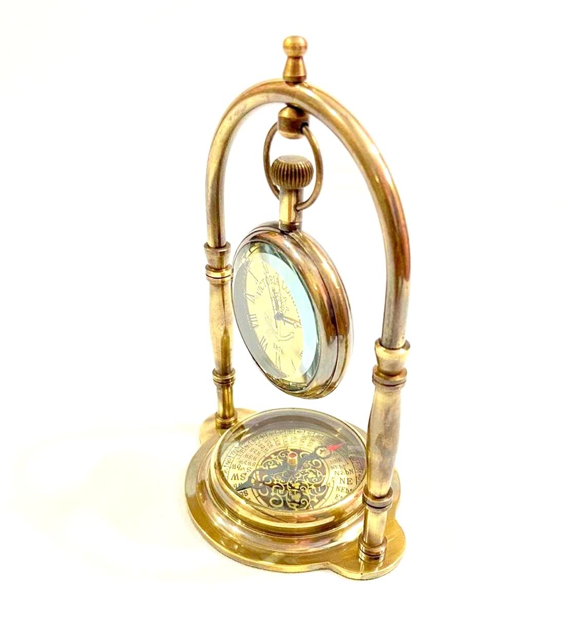 RK NAUTICAL INSTRUMENT Victoria London Vintage Style Brass Pocket Watch with Compass Stand, Decorative Clock Display, 1876 Replica-image-5