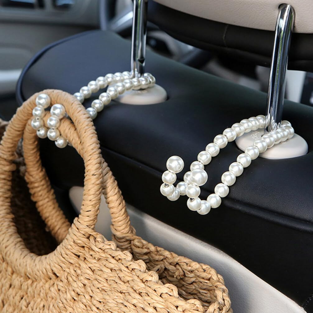 FAVOMOTO 4PCS Bow Car Seat Hangers, Heavy Duty Pearl Storage Hooks Universal Fit Pearls Car Vehicle Back Seat Hanger for Cute Car Accessories for Organizing