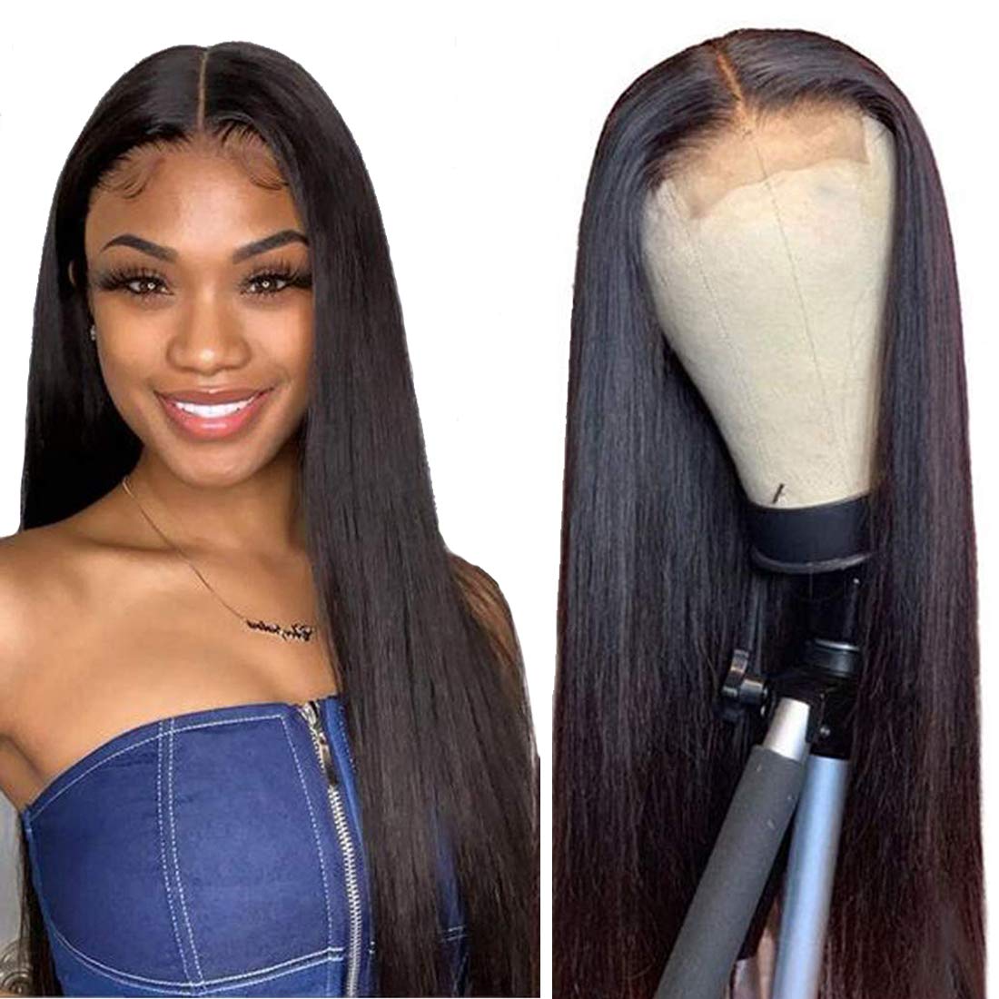 Straight Lace Front Wigs Human Hair Straight Closure Wigs Pre Plucked 150% Density Brazilian Remy Human Hair Wigs for Black Women Hairline with Baby Hair Natural Color (18 Inch)