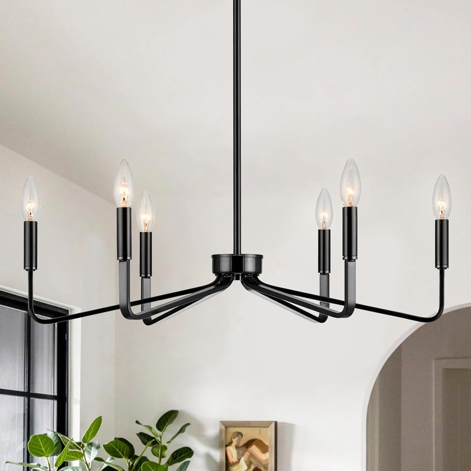 Black Chandelier for Dining Room, 6-Light Farmhouse Kitchen Light Fixtures Over Table, 26" Rustic Candle Chandelier for Bedroom, Foyer, Hall, Living Room, Entryway 26"-6 Light, Black