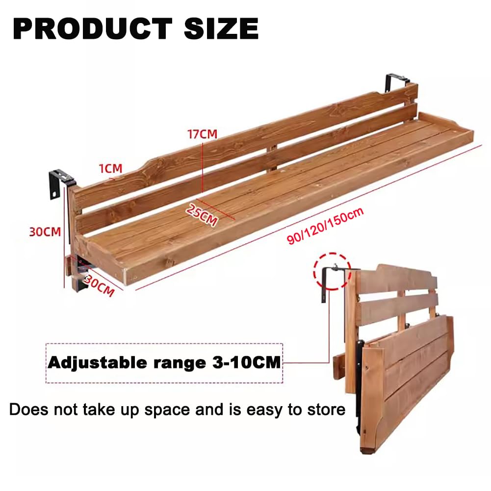 Tavolino da balcone in legno, regolabile e pieghevole, 60 cm, color caramello, forte capacità di carico, ideale per barbecue da giardino, adatto per balconi e ringhiere da giardino