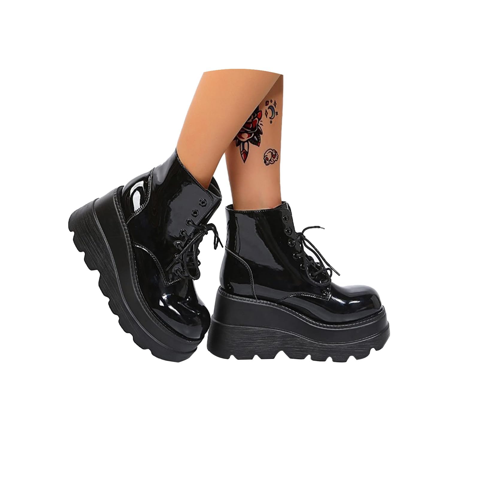 Womens goth platform ankle boots chunky heel combat ankle boots Punk Shoes wedge boots with side zipper lace