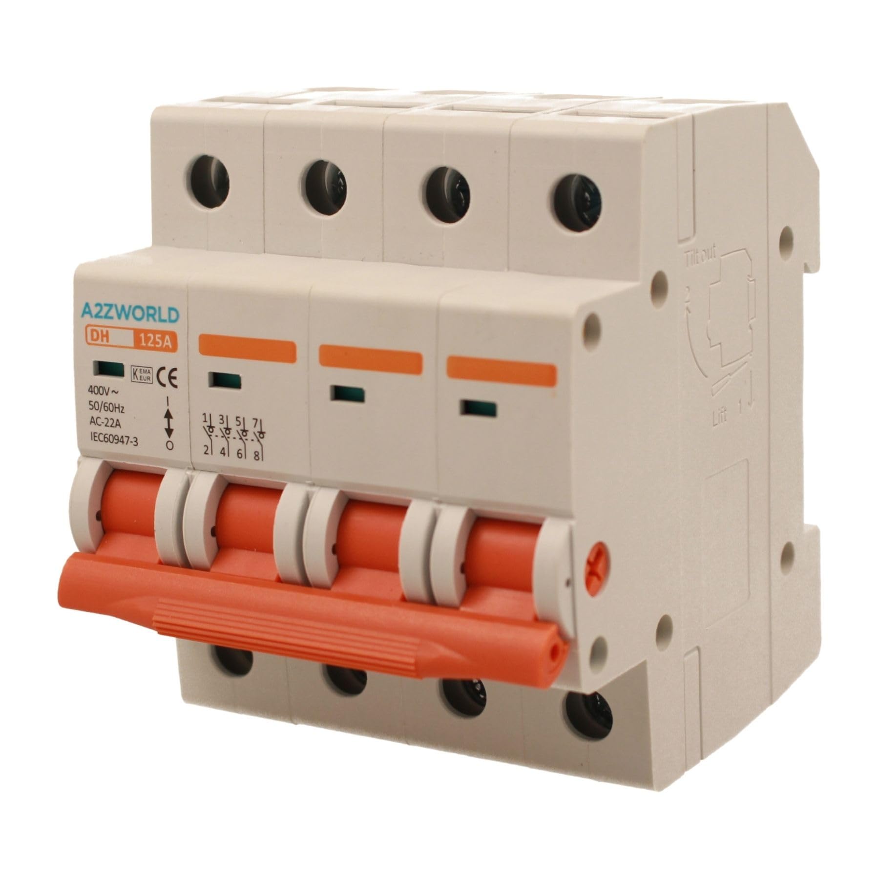 Disjoncteur modulaire triphasé 125A, 4P quadripolaire 4 modules DIN 380 V AC, IP20, certifié IEC60947-3