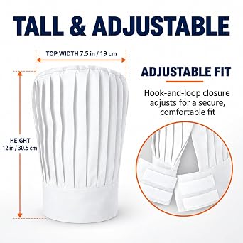 SUNRISE Pleated Tall Chef Hat in White, Adjustable Chef Hat for Cooking, Grilling & BBQ.