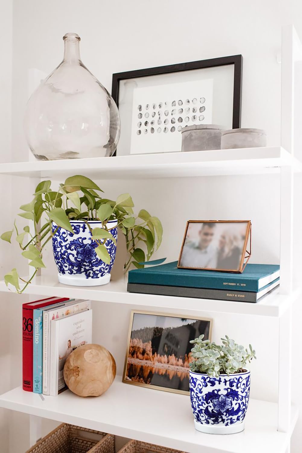 2er-Set Blau und Weiß Blumentopf Keramik Pflanztöpfe Sukkulentententöpfe mit Drainagelöchern und Untersetzern Kleiner Keramik-Pflanztopf für Sukkulenten Kaktus Indoor Outdoor Garten Fensterbank