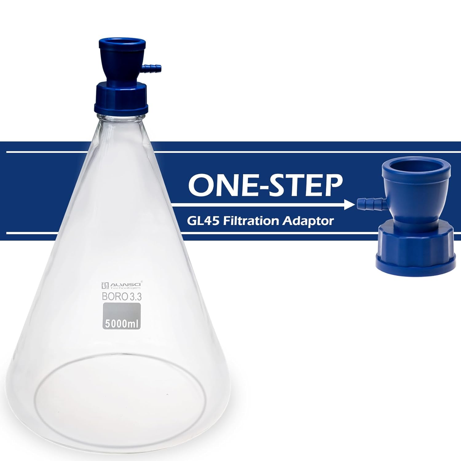 ALWSCI Set Solvent Vacuum Fitration with Bottle Adapter GL45, 1000 ML Graduated Funnel, 5000 ML Filtering Flask, Clamp and GL45 Solid Screw Cap, Compatible with 90mm Membrane Filter Paper