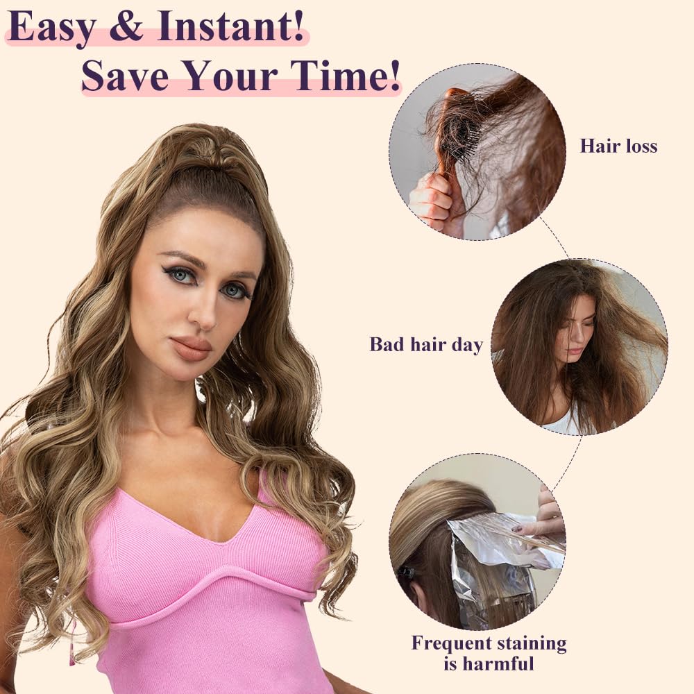 20inch Ponytail Extension, Drawstring Ponytail Hair, Blonde Highlights, Natural Long Curly Wave Layered Synthetic Pony Tails - Image 4