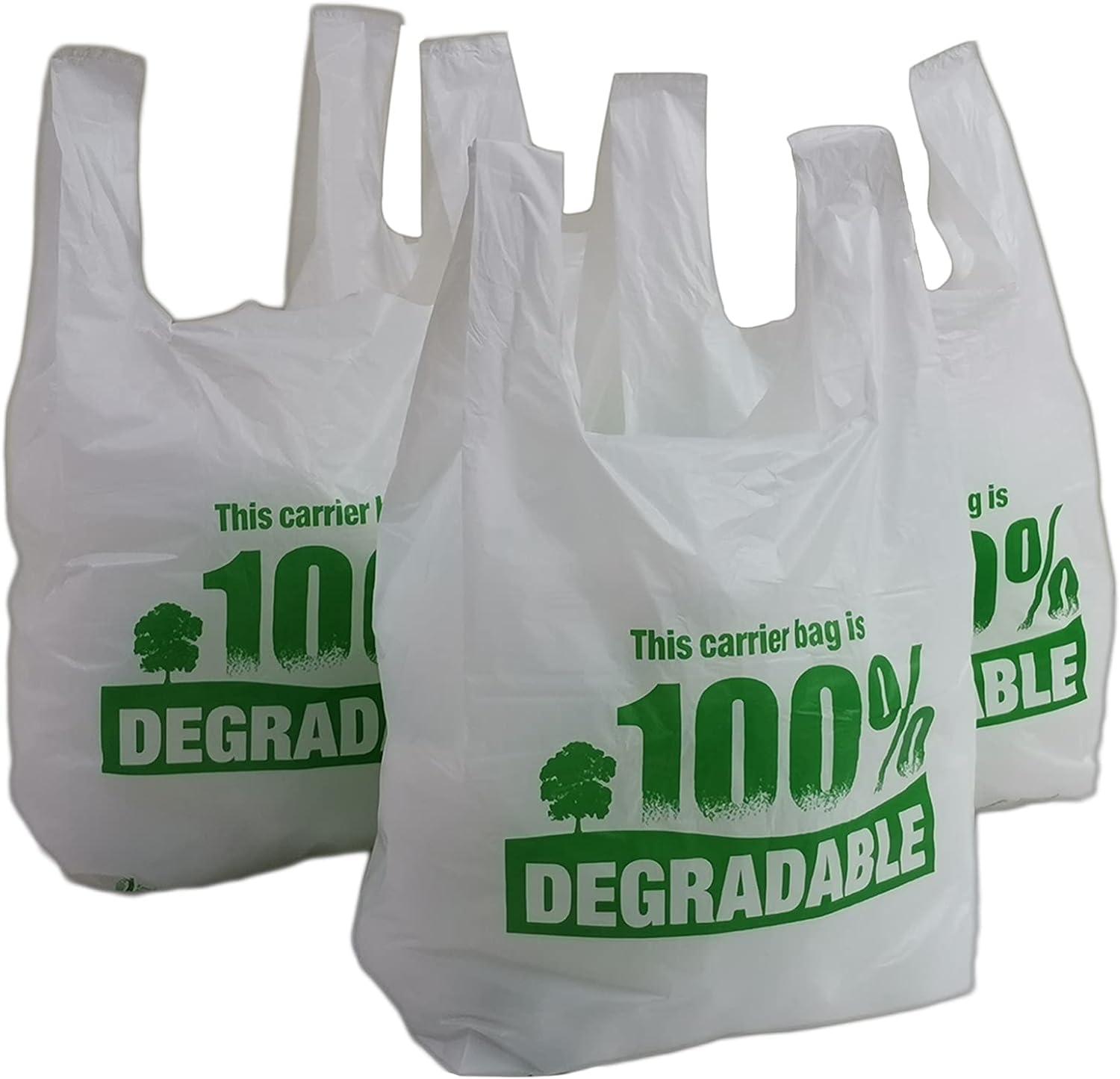 Large White Vest Plastic Carrier Bags 11 x 17 x 21" - Strong Reusable Shopping Bag (16 micron) white biodegradable vest carrier bag with side gussets and printed green '100% Degradable' (1000)