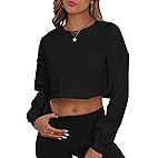 PRIMODA Women's Crewneck Cropped Sweatshirt Loose Pullover Sweatshirt Long Sleeve Crop Tops (Black M)