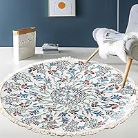 Vintage Boho katoenen tapijten, mandalapatroon, wasbaar, handgeweven, Boheems rond tapijt met kwasten voor slaapkamer, hal, woonkamer, salontafel, vloermatten, wasmachinebestendig, 60 cm, bloemen #3
