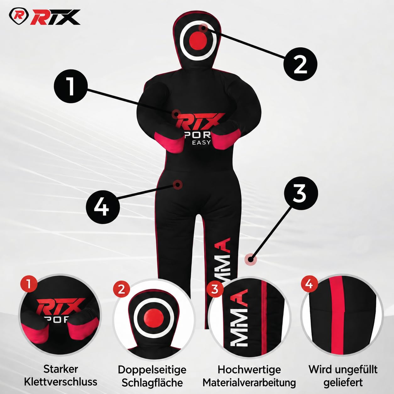 RTX MMA Judo Grappling Dummy - Sac de frappe pour Brésil BJJ Jiu Jitsu Position debout Wrestling BJJ Dummy pour l'entraînement d'arts martiaux - Toile - Vide