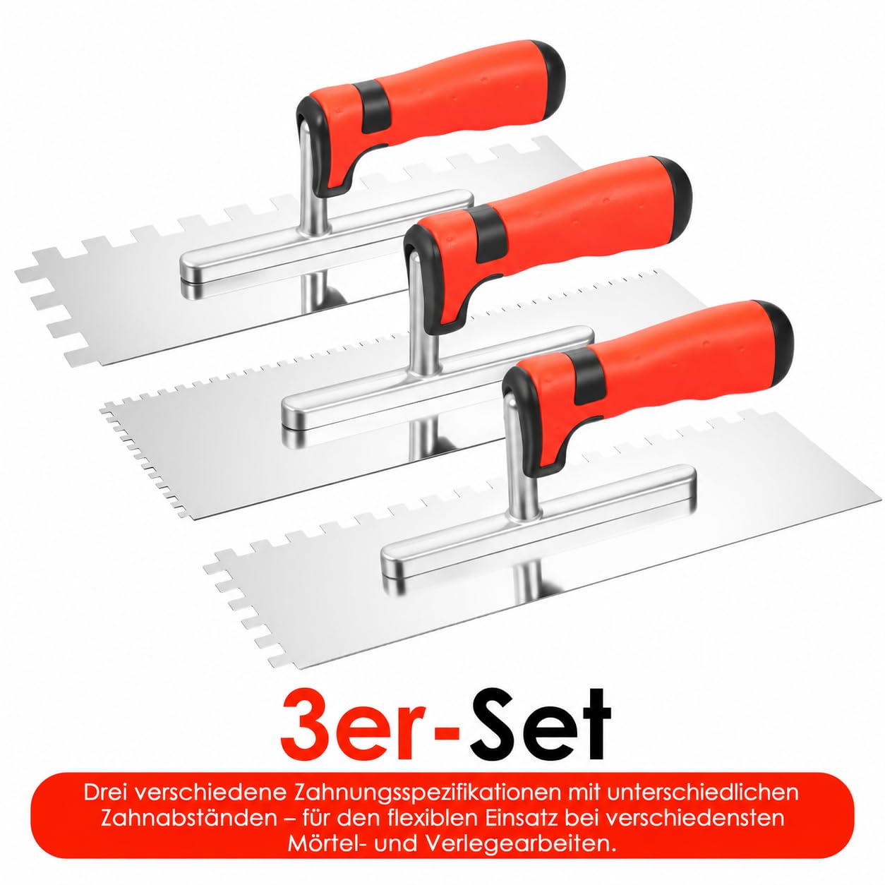 3-teiliges Zahnkellen Set 4x4 8x8 12x12mm Glättekelle Edelstahl Zahnspachtel Fliesenspachtel mit Softgriff, Zahnglättekelle zum Verlegen von Fliesen, Betonnivellierung und Zementreparatur