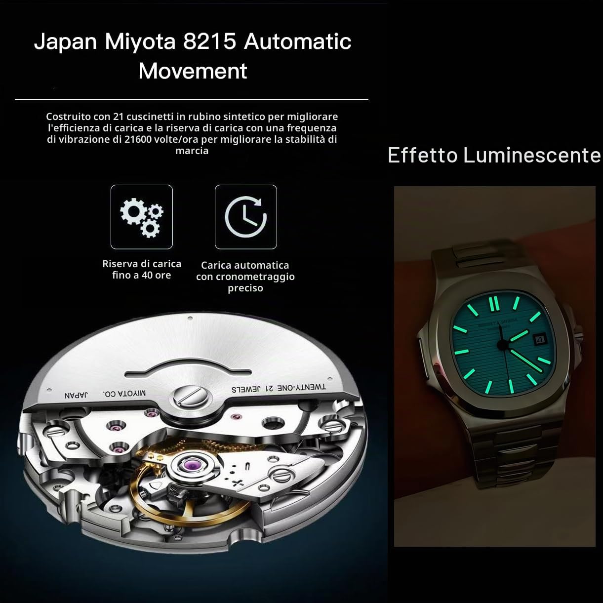 SPECHT&SOHNE Orologio meccanico automatico da uomo, con cristallo zaffiro, 40 mm, movimento giapponese Miyota 8215, impermeabile fino a 50 m