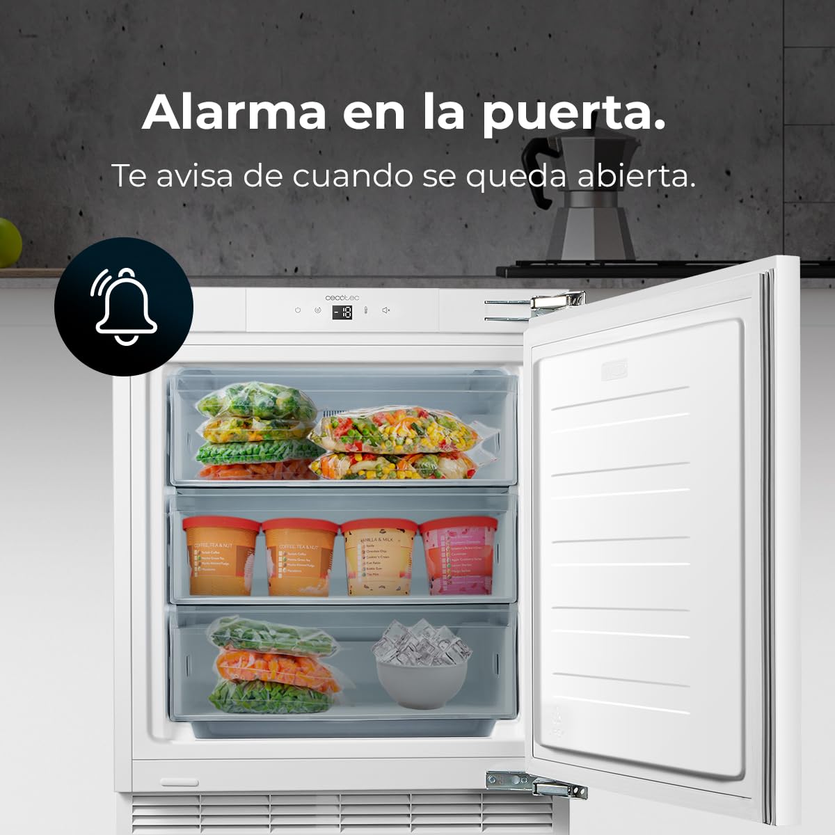 Cecotec Bolero Coolmarket TF BI 101 Congélateur Intégrable 101 L Blanc Écran Tactile Fast Freezing Porte Réversible Température Réglable -14 °C à -24 °C LED Intérieur Alarme