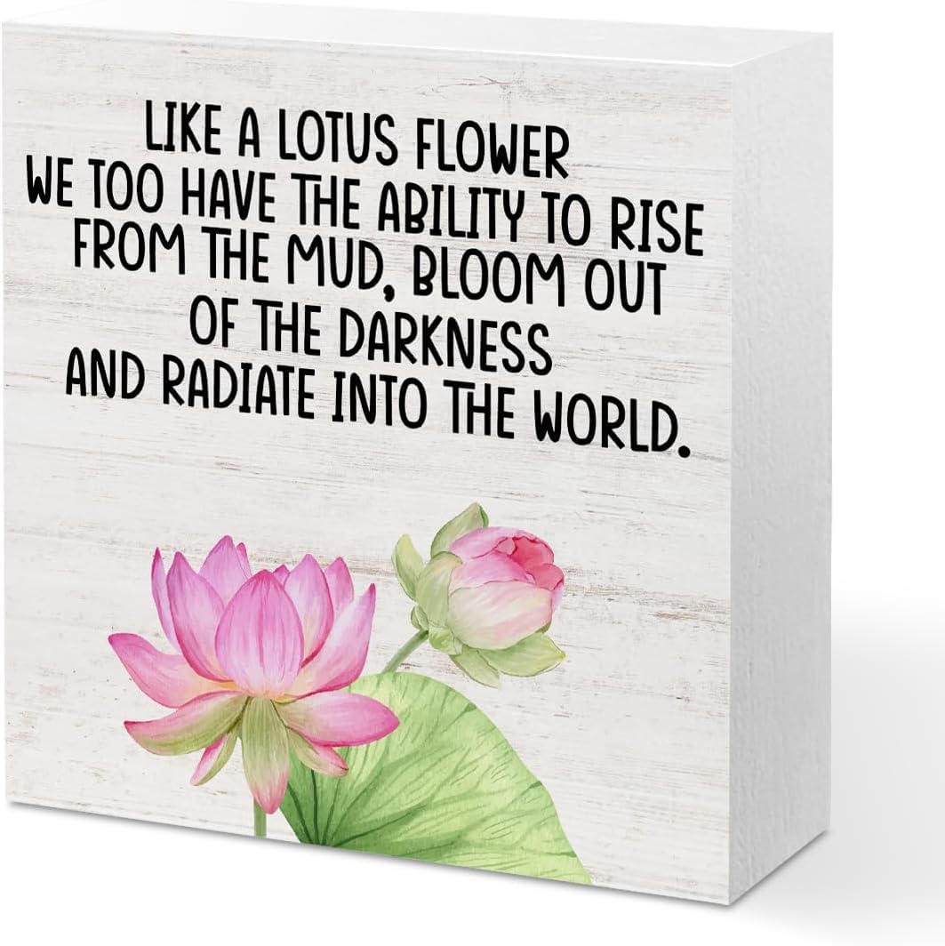 Lotus Flower Box Sign 5x5 Inch Inspirational Quote Wood Table Decor