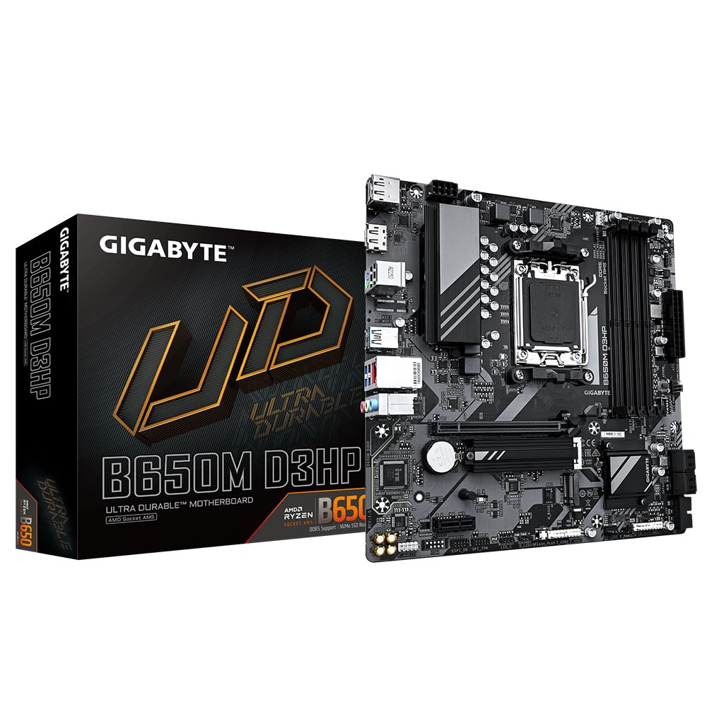 GigabyteB650M D3HP Motherboard - Supports AMD Ryzen 7000 CPUs, 15+2+2 Phases Digital VRM, up to 7600MHz DDR5 (OC), 2xPCIe 4.0 M2, 2.5GbE LAN, USB 3.2 Gen 1