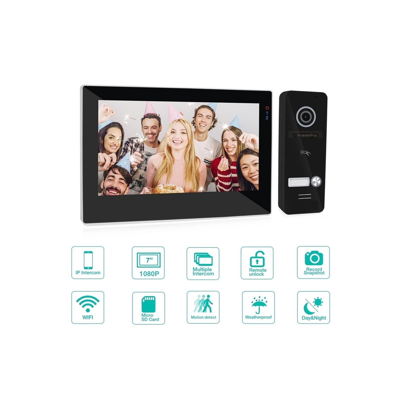 Videoportero WiFi, TUYA videoportero timbre intercomunicador 7 pulgadas 1080P Monitor de pantalla táctil con aplicación de cámara con cable/desbloqueo de tarjeta deslizante para seguridad del hogar(1M