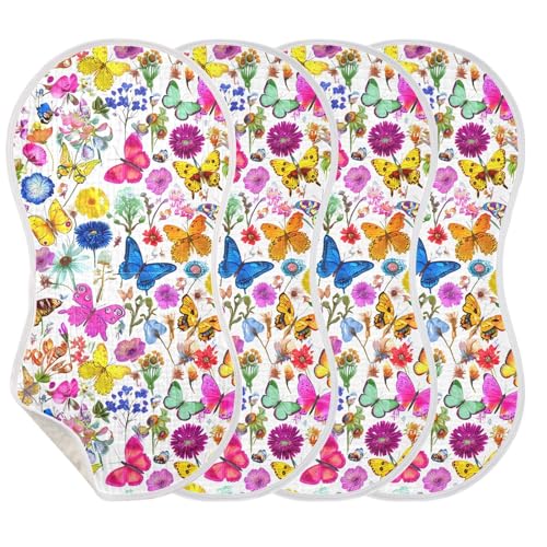 J JOYSAY Butterfly Floral White Baby Burp Cloths for Boys Girls Large 22''x11'' Cotton 4 Layer Fabric Drool Cloths for Drool Spit Up one sizex4