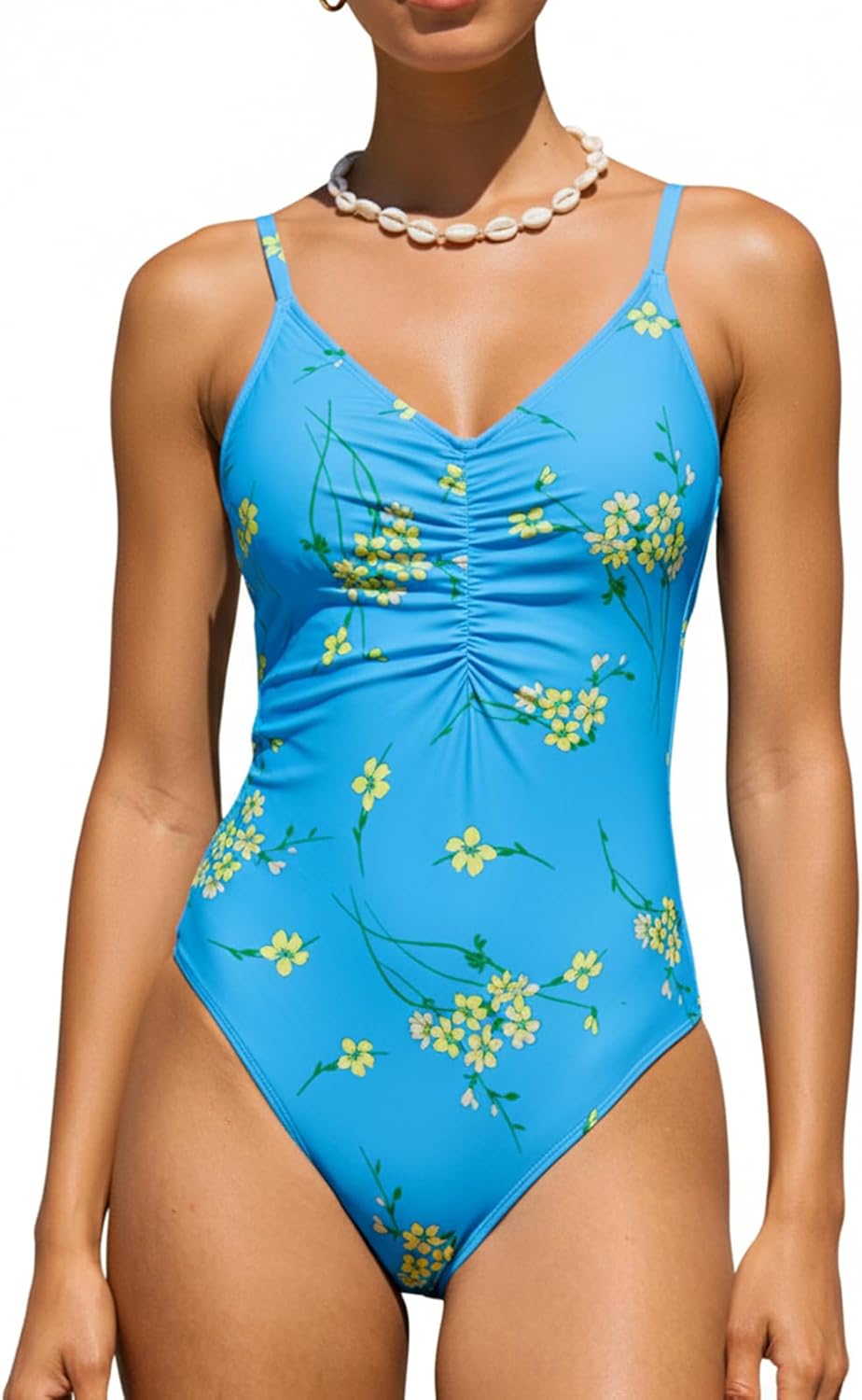 CUPSHE Women's One Piece Swimsuit V Neck Bathing Suits Low Back Tie Ruching Adjustable Straps Swimwear