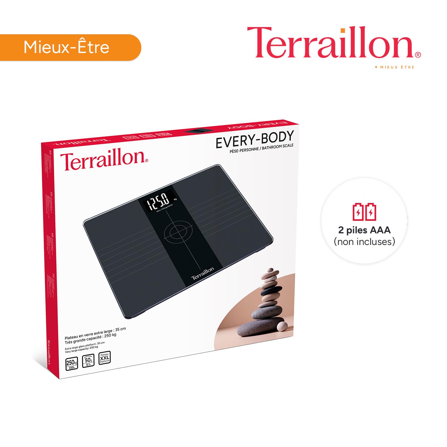TERRAILLON - EVERY BODY- Pèse personne grande capacité, Balance avec plateau XXL 35x29cm, Capacité de 250 Kg, Grand écran LCD rétro éclairé, Précision 50g, Noir & Gris