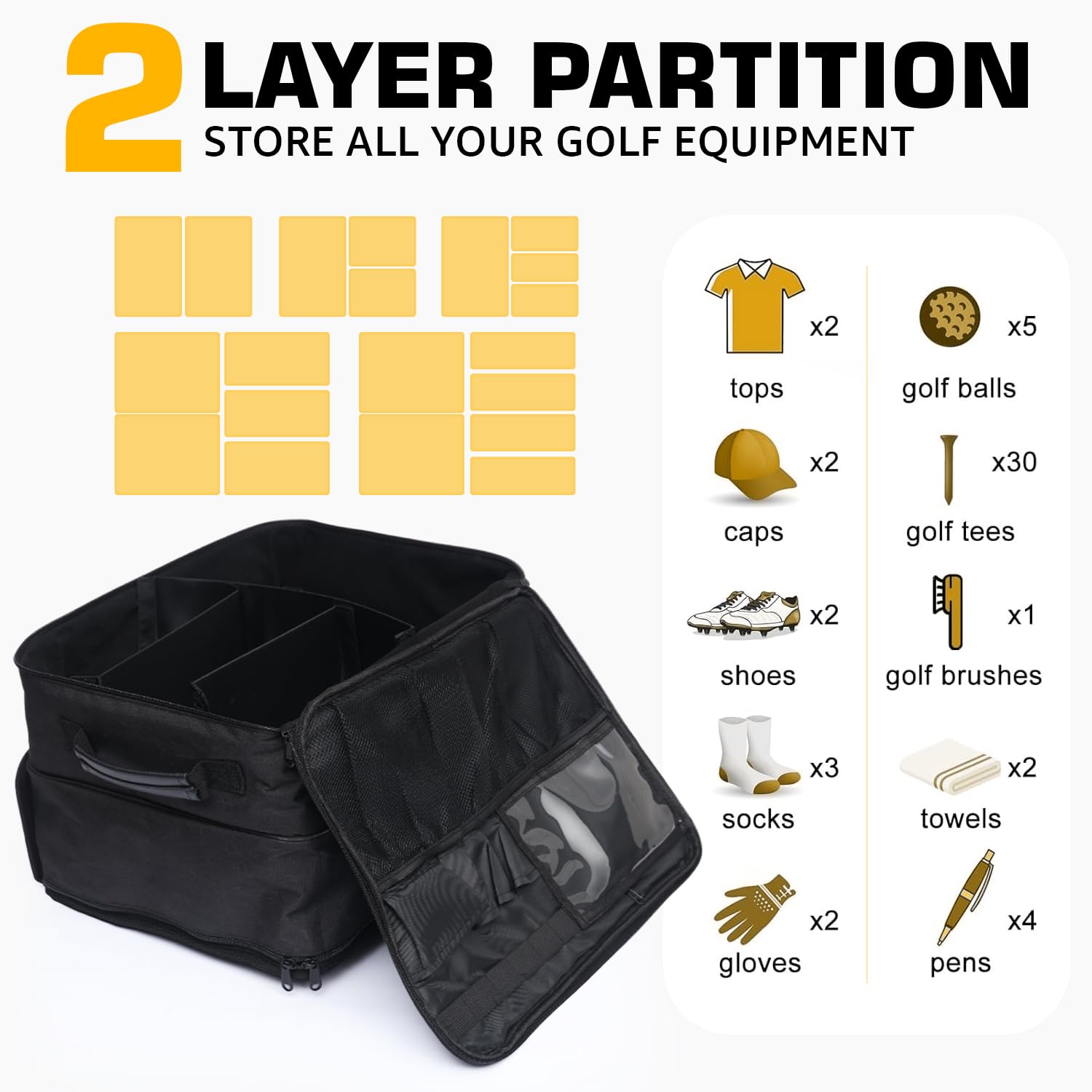 Golf Trunk Organizer – 2 Layer Car Storage Case for Golfers with Separate Ventilated Shoe Compartment–Portable Golf Bag Organizer for Balls,Tees,Clothes,Gloves & Accessories–Golf Gear for Men (Black)