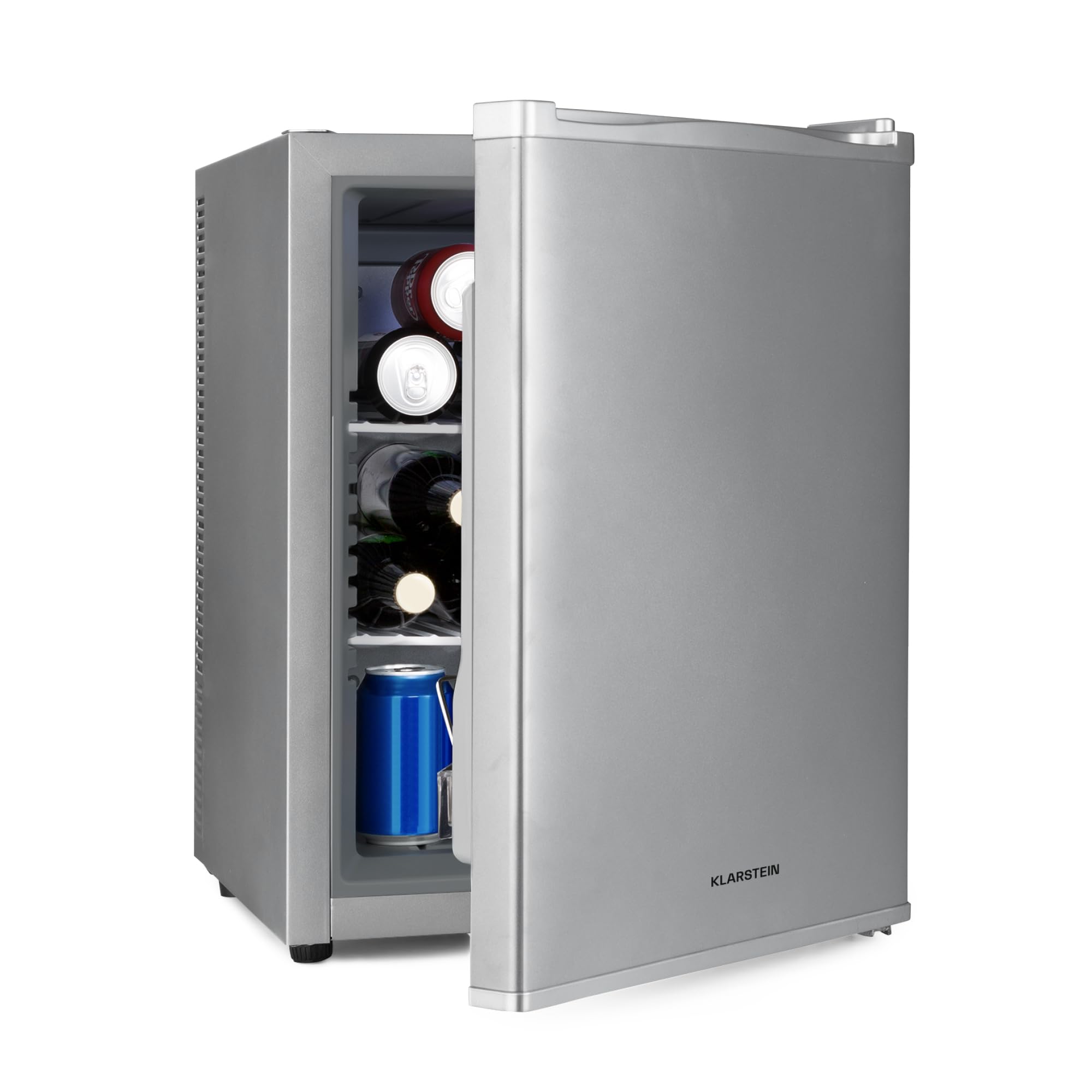 Klarstein Happy Hour - minibar, mini lodówka, lodówka na napoje, kompresor, temperatura chłodzenia: 5-15 °C, cichy: 0 dB, oświetlenie LED, 37 litrów, srebrny