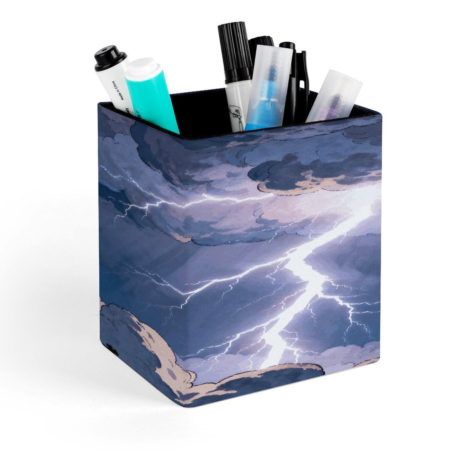 LZQPOEAS Lightning Square Pen Pencil Holder PU Leather Pencil Cup Desktop Stationery Organizer Office Accessories Container