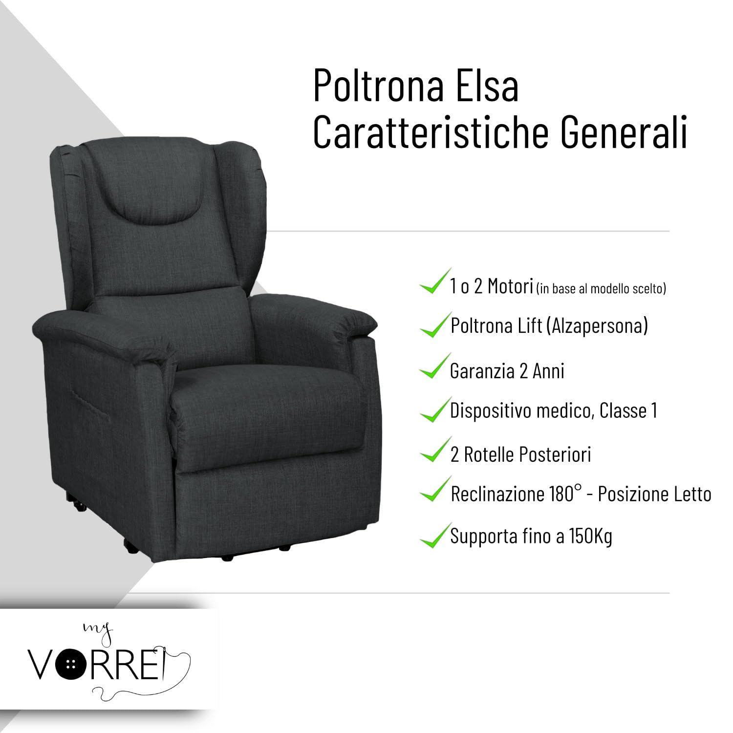 Poltrona Relax 1 o 2 Motori Dispositivo Medico Classe 1 Seduta Sfoderabile Rivestimento in 3 Tipi e 9 Colori Elsa