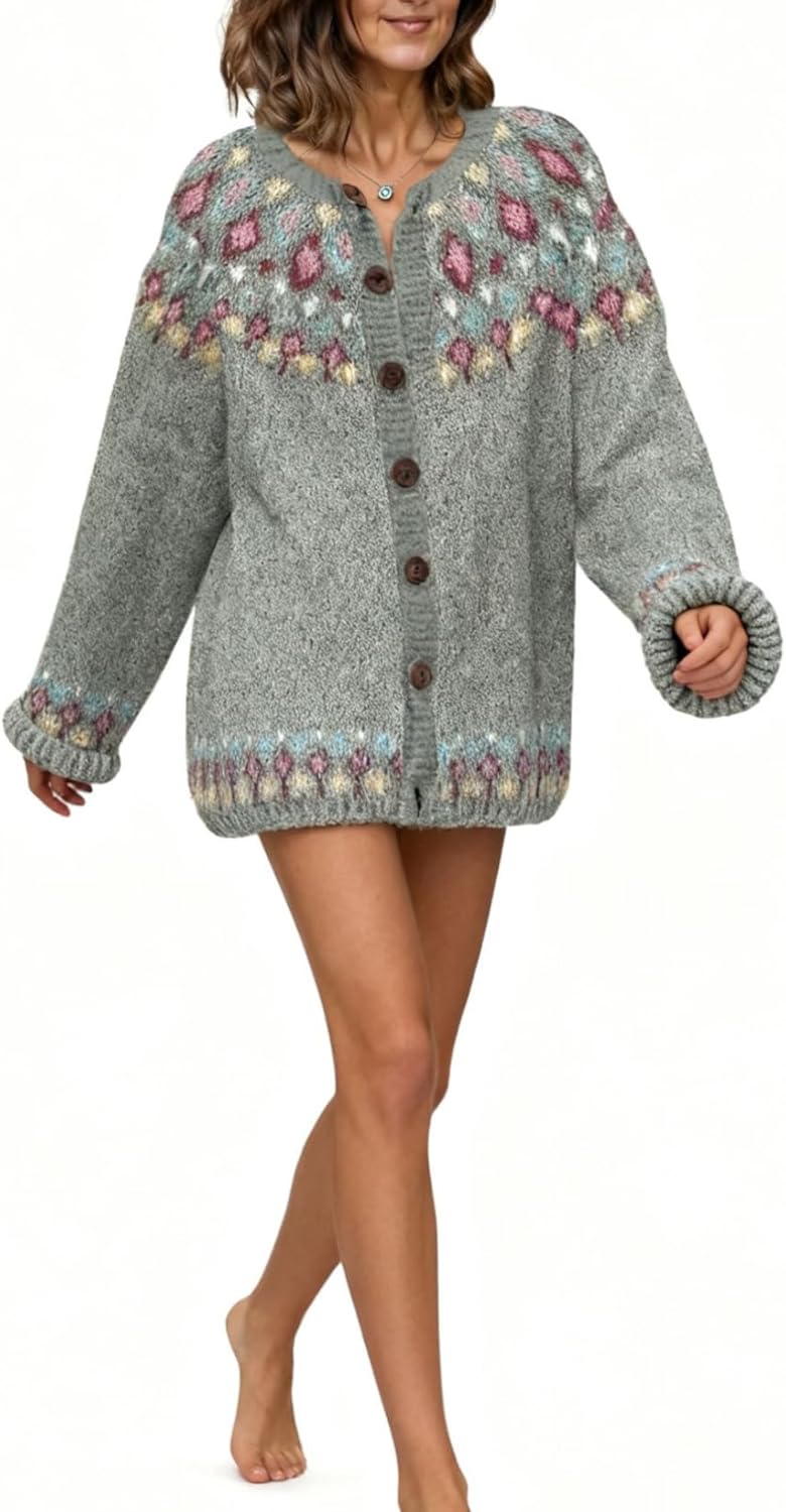 LIZALIG Cardigan for Women Fair Isle Sweater Chunky Cardigan Plus Size Cute Outfits Knit, Vintage Style for Fall Winter - Image 5