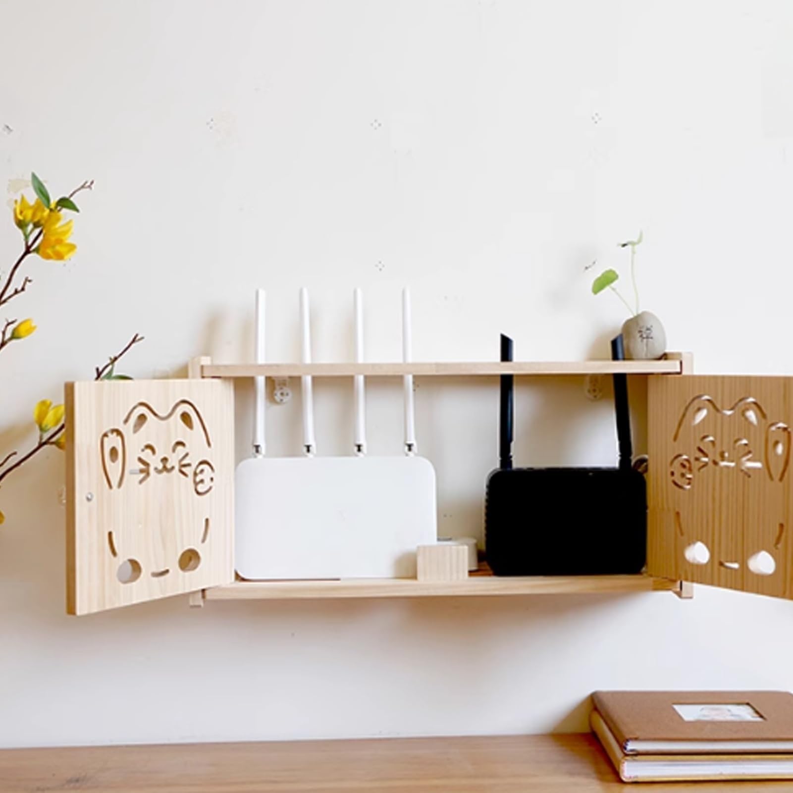Wandmontiertes Router Regal – Steckdosen Versteckbox mit Kabellöchern, organisieren und verbinden für Router und Modem und Heimdekoration, schwebende Regale mit Halterung(36x11.5x24cm)