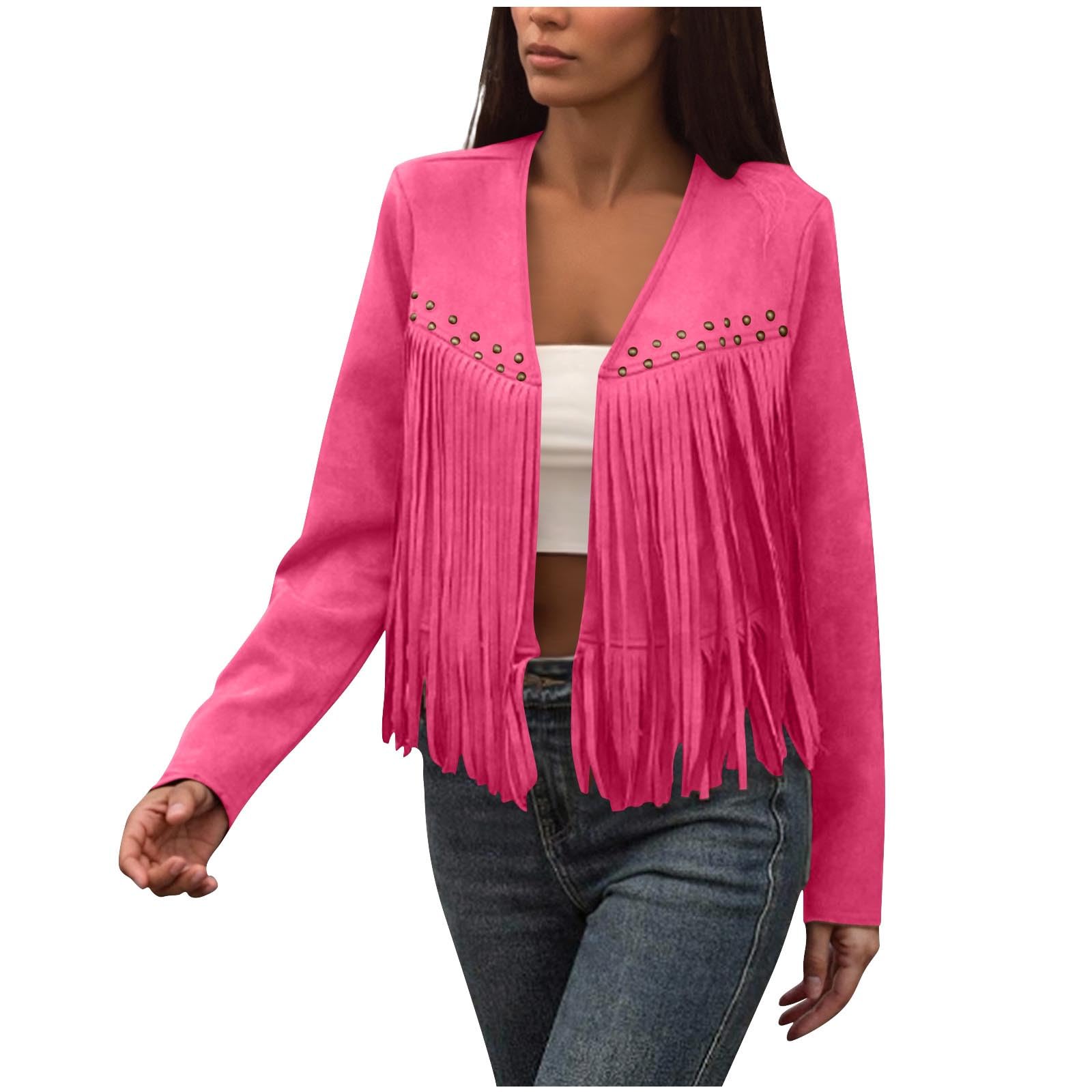 Suede Fringe Tops for Women Vintage Long Sleeve Tassel Cardigan 70s Hippie Open Front Jacket Cowgirl Western Outerwear