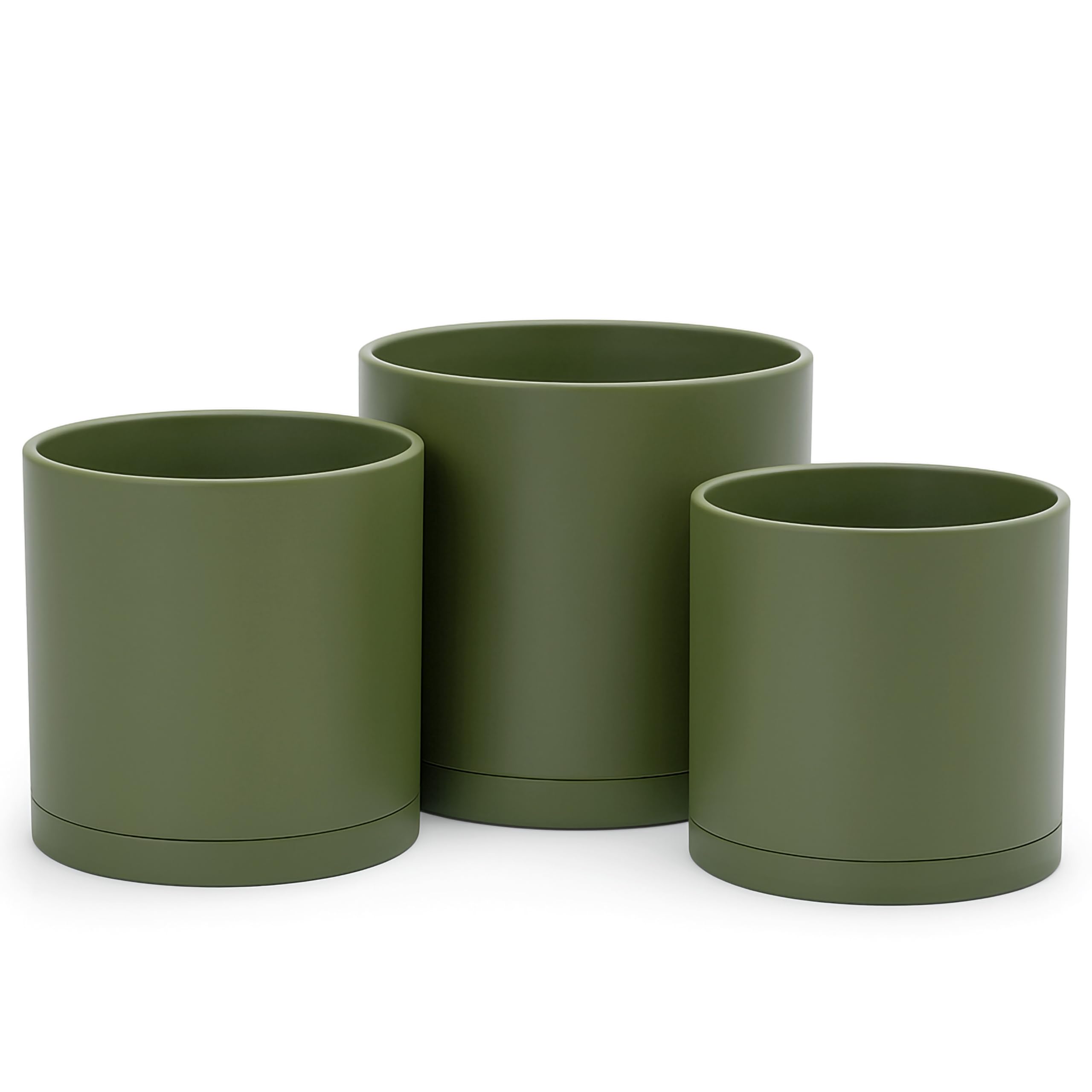 D'vine Dev 6 Inch 6.5 Inch 8 Inch, Set of 3 Plastic Planter Pots for Plants with Drainage Hole and Seamless Saucers, Olive, Medium, 74-V-I-3 โ image 1