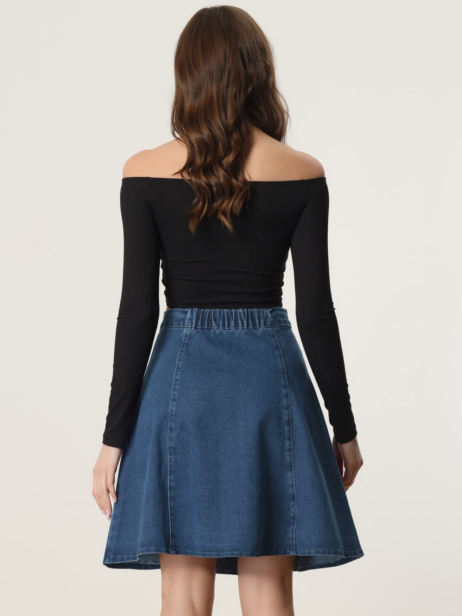Allegra K Jupe en jean décontractée, évasée, longueur genou, extensible, taille haute | Dos élastique, taille haute, longueur au-dessus du genou, plissé évasé, style Y2K, décontracté, travail, usage quotidien