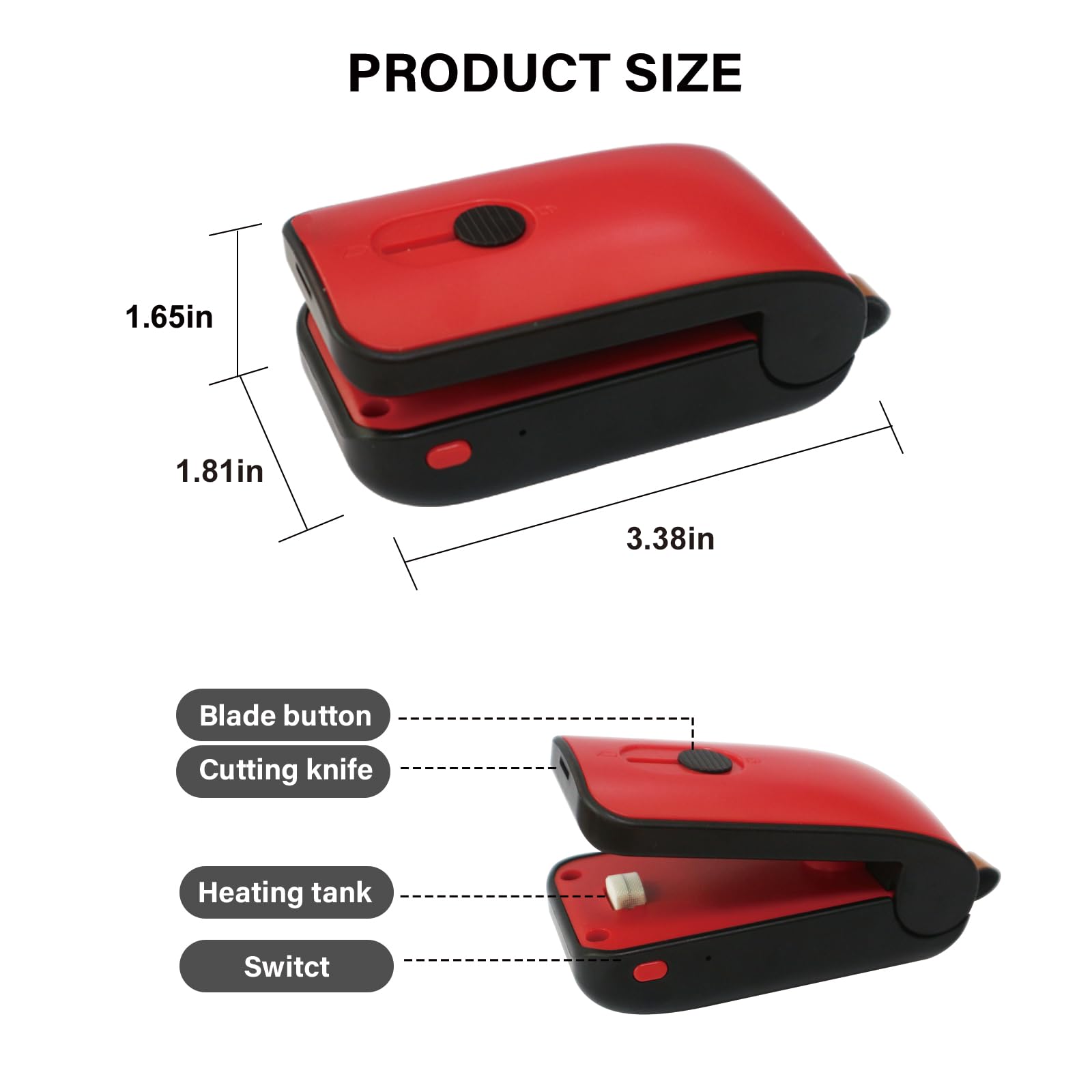 Mini sigillante per sacchetti, ricaricabile tramite USB, sigillatore a caldo, 2 in 1, con taglierina, per sacchetti di plastica, snack e alimenti (rosso)