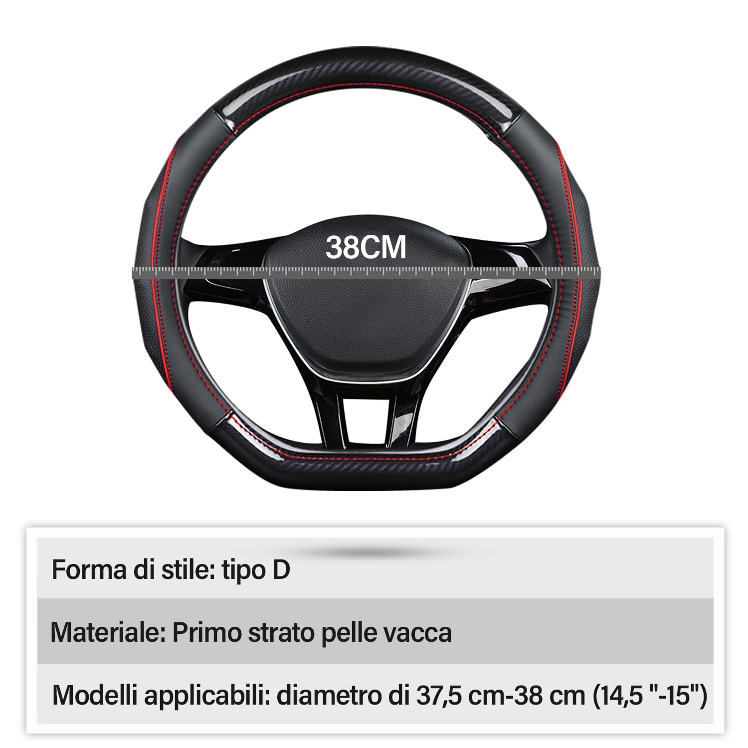 Ergocar Coprivolante per Auto Antiscivolo Protezione per Volante Auto D-Forma Fibra di Carbonio & Primo Strato di Pelle Bovina Universale per Diametro 38 Cm (15 ") (D-nero-rosso)