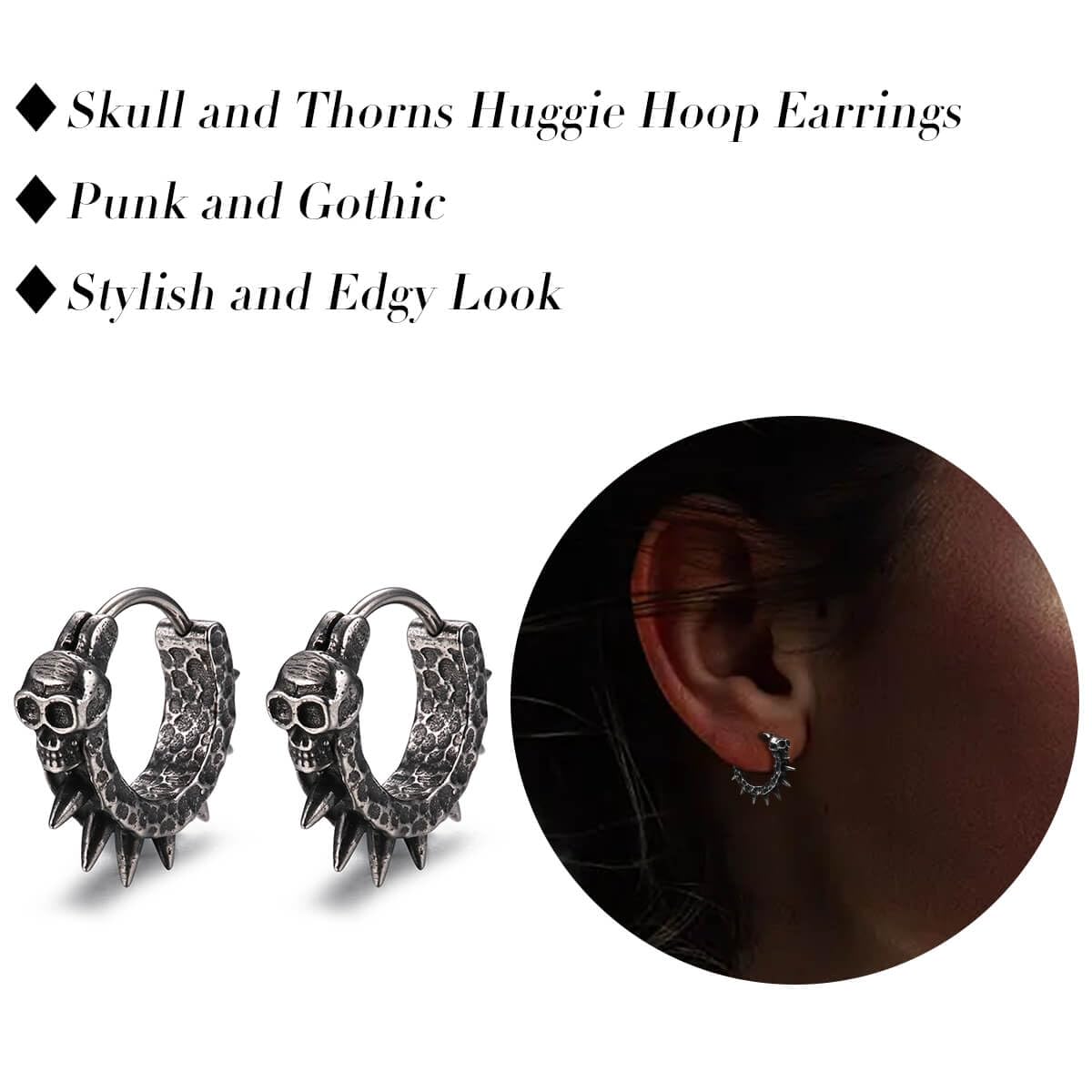 GTHIC Pendientes de aro punk con punta Huggie para mujer, pendientes con remaches de calavera, pendientes góticos vintage para hombres, joyería de acero inoxidable, regalo