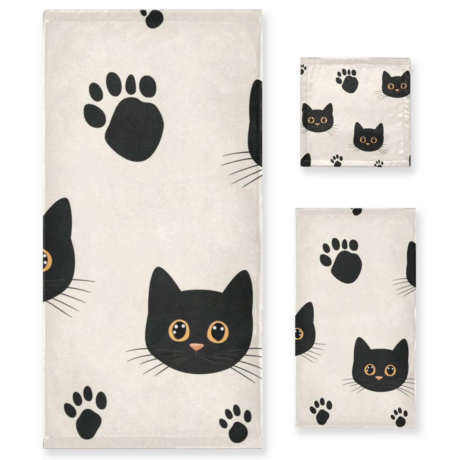 Set di 3 asciugamani per il viso con gatti neri minimalisti, 1 asciugamano da bagno, 1 asciugamano per le mani, 1 panno per la casa, cucina e famiglia