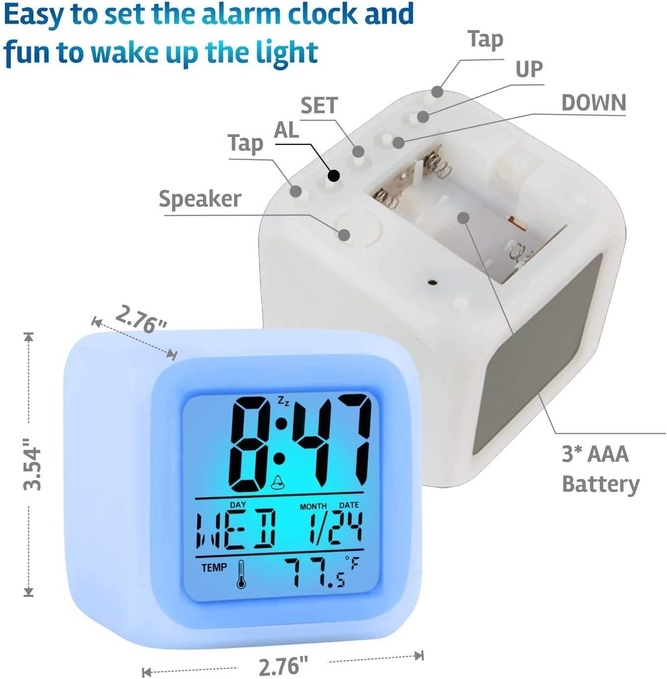 Kids Alarm Clock Wake Up Easy Setting Digital Travel, for Boys Girls, Large Display Time-Date-Alarm with Snooze, Bedside Clock Handheld Size, LED Night Light Clock - Great Gift Idea : Home & Kitchen