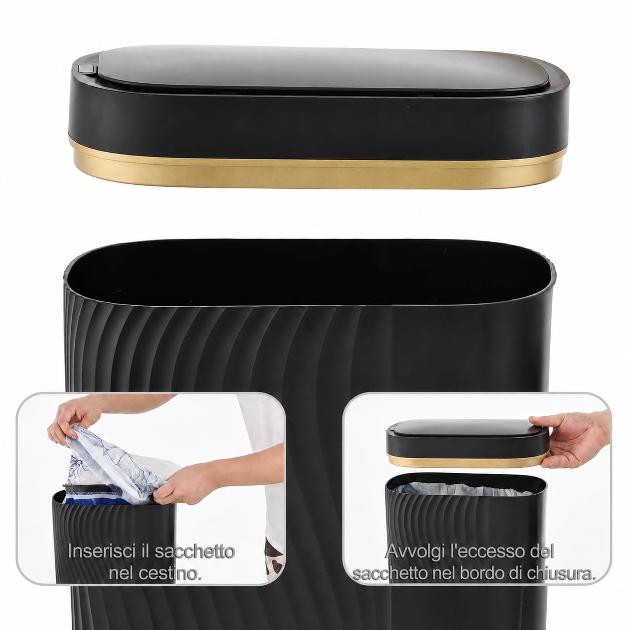 Pattumiera Automatica con Sensore 8 L - Cestino Elettrico con Coperchio per Cucina e Bagno - Impermeabile / Anti-odore per Ufficio, WC - Pattumiera Nera Silenziosa (Nero)