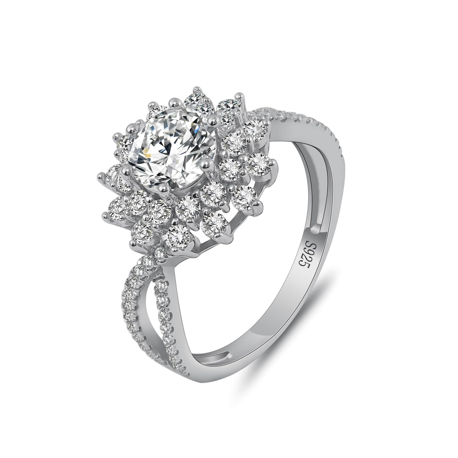 Wycian Anillo de dedo con flor, anillo de plata 925 para mujer, moissanita, 1 ct, talla redonda, color D grabado para cumpleaños, anillo de mujer personalizado